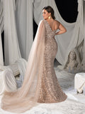 Plus Sequin One-Shoulder Mermaid Gown with Square Neckline and Tulle Shawl
