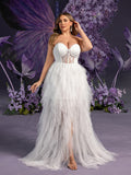 Plus Elegant Strapless Sweetheart White Bridal Gowns: Tiered Tulle Skirt with Thigh-High Slit & Corset Bodice – Elegant 1XL-5XL Wedding Dresses