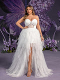 Plus Elegant Strapless Sweetheart White Bridal Gowns: Tiered Tulle Skirt with Thigh-High Slit & Corset Bodice – Elegant 1XL-5XL Wedding Dresses