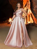 Plus Elegant Sloping Neck Split A-line Satin Formal Prom Dress