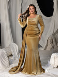 Plus Elegant Pearl Embellished Diagonal Neck Mermaid Hem Velvet Evening Dress