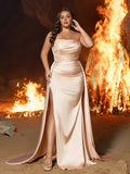 Plus Satin Strapless Evening Gown with Lace Appliqué | High Slit & Sweep Train
