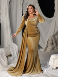Plus Elegant Pearl Embellished Diagonal Neck Mermaid Hem Velvet Evening Dress