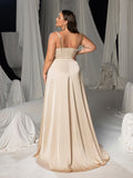 Plus Satin Spaghetti Straps Formal Evening Dress with High Slit