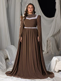 Plus Mock Neck Extra-Long Sleeves Chiffon Evening Gown with White Bead Accents