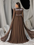 Plus Mock Neck Extra-Long Sleeves Chiffon Evening Gown with White Bead Accents