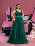 Plus Elegant Scoop Neck Floral Applique Bodice Tulle Evening Dress