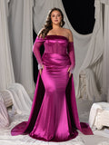 Plus Satin Off Shoulder Mermaid Evening Dress with Pearl Accents