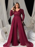 Plus V Neck Gigot Sleeves Sequin Prom Jumpsuit