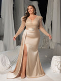 Plus Size Deep V-Neck Lace-Up Back Beaded Mermaid Evening Gown - Formal Dress with Belted Waist