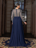 Elegant Chiffon V-Neck Evening Gown with Silver Sequined Translucent Sleeves & Floor-Length Skirt