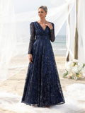 Womens' Elegant Lace & Sequin Evening Gown - V-Neck Long Sleeve Design with Cinched Waist & Flowing A-Line Skirt for Coastal Weddings, Luxury Evening Events