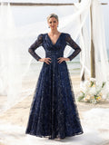 Womens' Elegant Lace & Sequin Evening Gown - V-Neck Long Sleeve Design with Cinched Waist & Flowing A-Line Skirt for Coastal Weddings, Luxury Evening Events