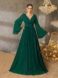 Plunging Neck Flared Sleeves Pleated Chiffon Dresses