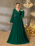 Plunging Neck Flared Sleeves Pleated Chiffon Dresses