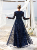 Womens' Elegant Lace & Sequin Evening Gown - V-Neck Long Sleeve Design with Cinched Waist & Flowing A-Line Skirt for Coastal Weddings, Luxury Evening Events