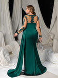 Plus Evening Gown with Lace Accents & High Slit – Silk Satin Bodycon Dress for Luxury Evenings, 1XL-3XL