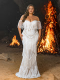 Plus Off-Shoulder Fringe Embellished Gown | Corset Mermaid Dress with Sheer Panel Detailing