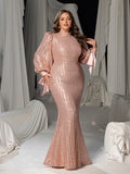 Plus Luxury Sequin Mock Neck Lantern Sleeves Mermaid Hem Formal Dress