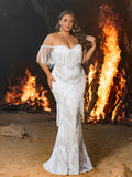 Plus Off-Shoulder Fringe Embellished Gown | Corset Mermaid Dress with Sheer Panel Detailing