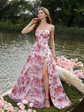 Elegant Lace Up Backless Floral Printed Organza Slip Prom Dress