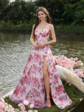 Elegant Lace Up Backless Floral Printed Organza Slip Prom Dress