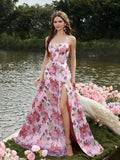Elegant Lace Up Backless Floral Printed Organza Slip Prom Dress