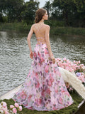 Elegant Lace Up Backless Floral Printed Organza Slip Prom Dress