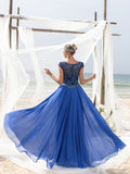 Womens' Elegant Evening Gown: Embroidered Lace Bodice & Flowing Chiffon Skirt – Diagonal Neckline & Cap Sleeves Formal Dress