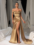 Elegant Off Shoulder Beaded Satin Mermaid Gown with High Slit & Floor-Length Train