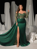 Plus Evening Gown with Golden Sequin Access – Off-Shoulder Design & High Slit for Luxury Brand Launches or Editorial Fashion Photography, 1XL-3XL