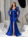 Plus Deep V-Neck Satin Mermaid Gown with Sheer Tulle Sleeves, Sparkling Embellishments & High Slit