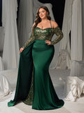 Plus Evening Gown with Golden Sequin Access – Off-Shoulder Design & High Slit for Luxury Brand Launches or Editorial Fashion Photography, 1XL-3XL