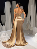 Elegant Off Shoulder Beaded Satin Mermaid Gown with High Slit & Floor-Length Train