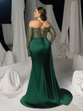 Plus Evening Gown with Golden Sequin Access – Off-Shoulder Design & High Slit for Luxury Brand Launches or Editorial Fashion Photography, 1XL-3XL