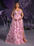 Plus Maternity Off Shoulder Ruffle Trim Split Floral Mesh Party Dress