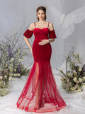 Umstands-Cami-Kleid aus Samt mit Puffärmeln und Meerjungfrau-Saum