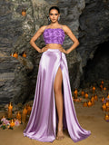Backless Lace Up 3D Flower Tube Top & Satin Slit Skirt