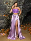 Backless Lace Up 3D Flower Tube Top & Satin Slit Skirt