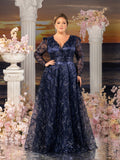 Plus Womens' Elegant Lace & Sequin Evening Gown - V-Neck Long Sleeve Design with Cinched Waist & Flowing A-Line Skirt for Coastal Weddings, Luxury Evening Events