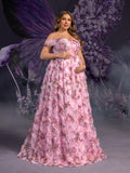 Plus Maternity Off Shoulder Ruffle Trim Split Floral Mesh Party Dress