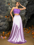 Backless Lace Up 3D Flower Tube Top & Satin Slit Skirt