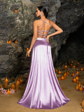 Backless Lace Up 3D Flower Tube Top & Satin Slit Skirt