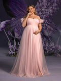 Plus Maternity  Off Shoulder Ruched Bust Split Tulle Evening Dress