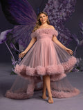 Plus Maternity  Off Shoulder High Low Hem Ruffle Trim Tulle Photography Dress