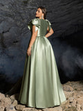 Plus Satin Evening Gown with Bow Shoulder & Dramatic High Slit – Luxurious Evening Wear for Red Carpet, Formal Galas & Wedding Receptions