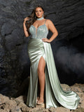 Plus Beaded Sweetheart Mermaid Gown | Spaghetti Straps with Side Slit & Cascading Train