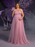 Plus Maternity Sparkling Evening Gowns: One-Shoulder Ruffled & Strapless Sequin Tulle Dresses for Pregnancy Photoshoots – 1XL-5XL