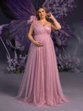 Plus Maternity Sparkling Evening Gowns: One-Shoulder Ruffled & Strapless Sequin Tulle Dresses for Pregnancy Photoshoots – 1XL-5XL
