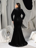 Plus Velvet High-Neck Mermaid Gown with Chest Cutout, Rhinestone Accents & Floor-Length Train